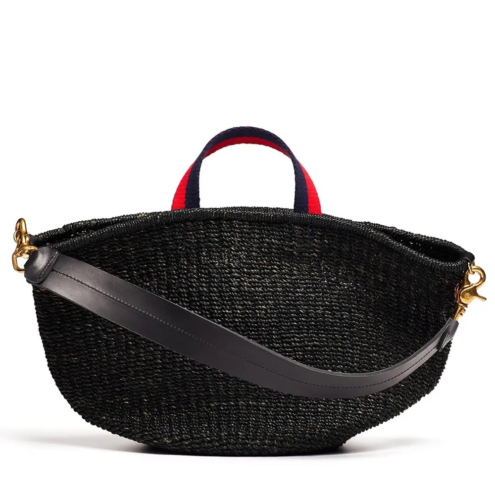 Clare V Black Woven Bag with Red and Blue Handles